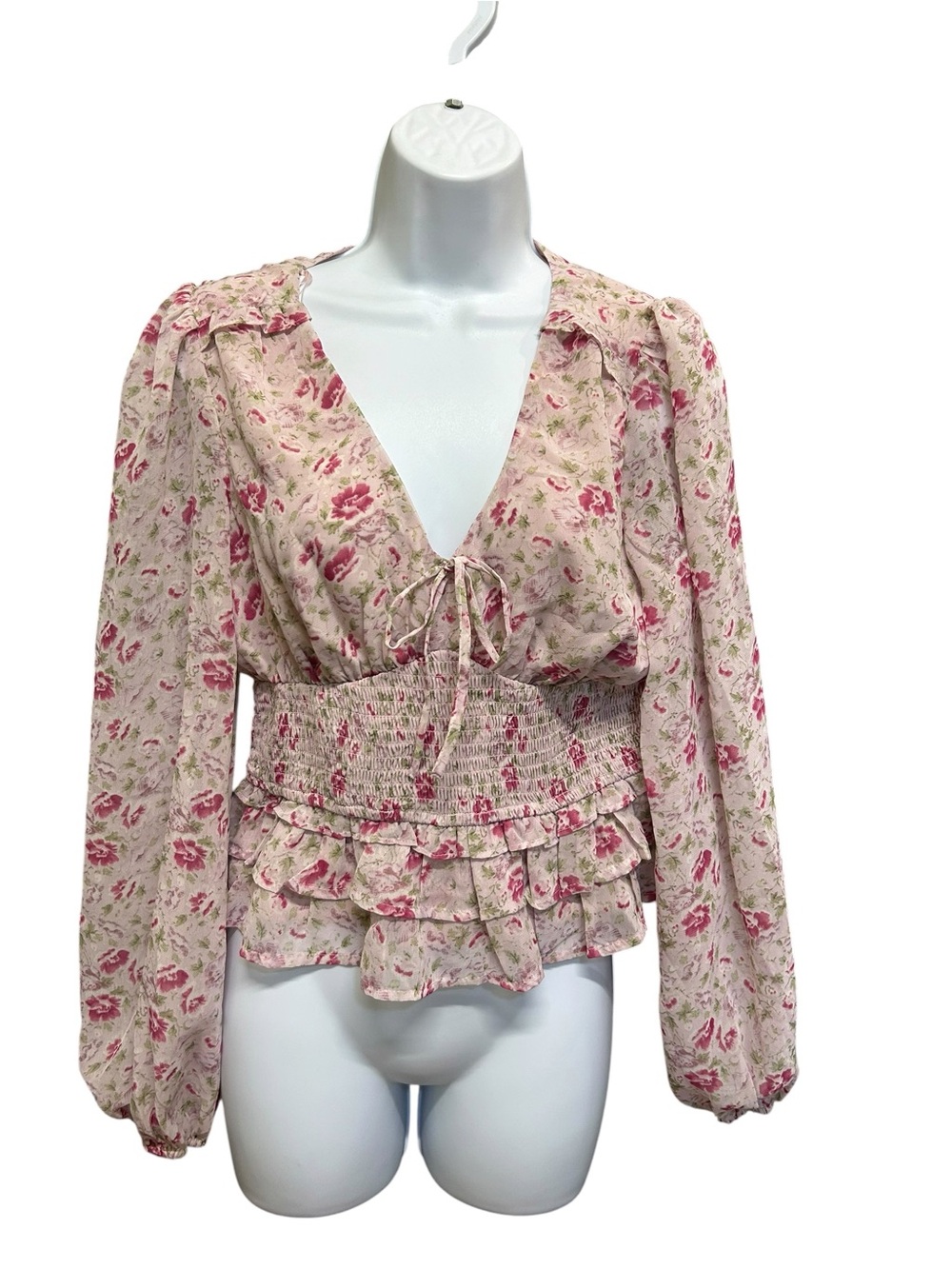 Lush Blush Magenta Floral Smocked Waist Pink Long Sleeve Blouse Size S - Picture 2 of 4